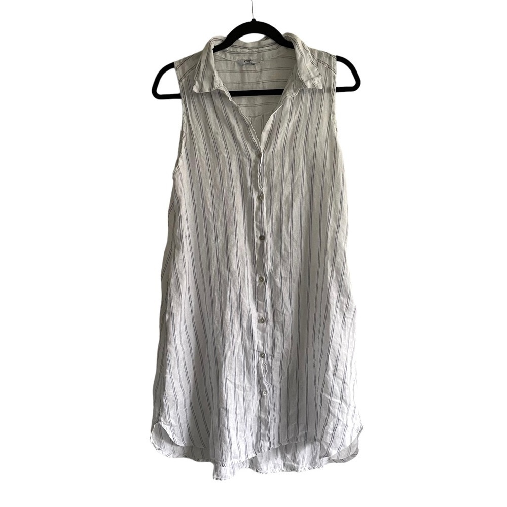 ROSEMARINE Linen Striped Button Front Midi Dress White Small